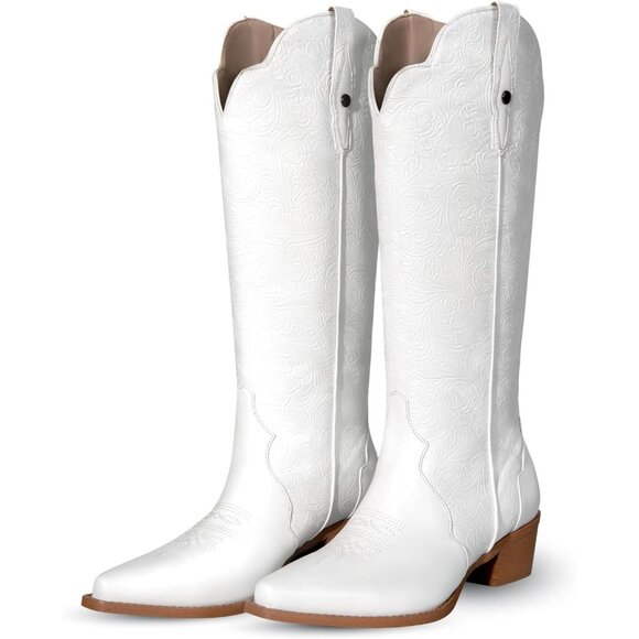 🆕Women White Faux Leather Pointed Toe Chunky Block Heel Vintage Western Boots - Picture 5 of 11